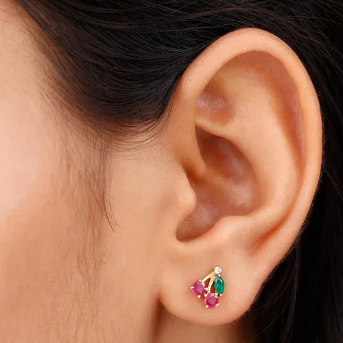 Vista 8 de Aretes de cereza esmeralda y rubí natural para mujer, calidad AAA certificada, aretes de tuerca de cereza roja
