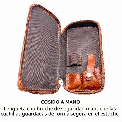 Vista 3 de Parker Saddle‑ Estuche de cuero marrón para maquinilla de afeitar de doble filo con compartimento para cuchillas – Bolsa de viaje con cremallera