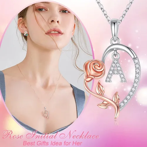Vista 2 de Yoosteel Collar con dije de flor de rosa con inicial de corazón para mujer, collar con letra de corazón de amor, collares con inicial únicos