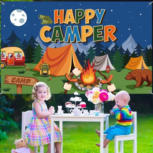 Vista 6 de Tatuo Telón de fondo de campamento Happy Camper - Fondo de fotos para colgar en la pared para niños, niños, adolescentes, suministros de fiesta