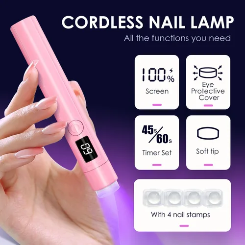 Vista 2 de Mini luz UV para uñas, luz UV de mano pequeña portátil rosa para uñas de gel, lámpara de curación flash recargable inalámbrica, lámpara de gel