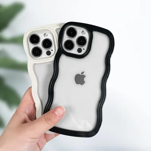 Vista 4 de Anuck Funda para iPhone 13 Pro con borde ondulado, diseño trasero transparente, agarre antideslizante, forma de marco rizado ondulado, a prueba