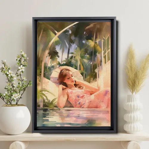 Vista 2 de Fine Art Print, Illustration, Summer-Inspired Tropical Artwork for Wall Decor, Relaxing Woman by the Pool Amidst Lush Plants