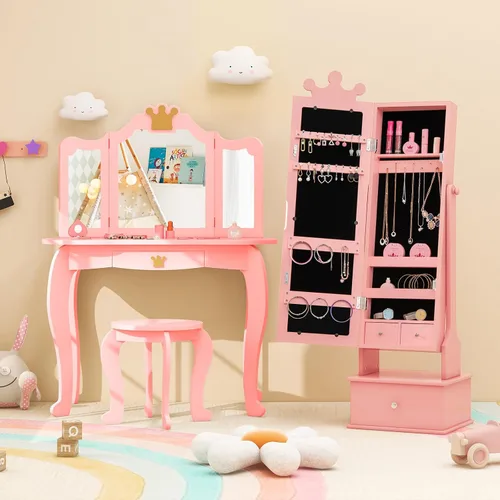 Vista 8 de Costzon Armario de joyería para niños, organizador de joyas de pie de 45 pulgadas con espejo de longitud completa, 3 cajones de almacenamiento