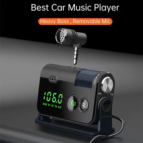 Vista 2 de Transmisor Bluetooth Fm, 2 micrófonos y QC3.0 + Tipo-C PD 18W HiFi Bass, adaptador Bluetooth para automóvil compatible con llamadas manos libres