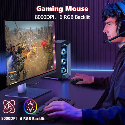 Vista 2 de E-YOOSO - Ratón inalámbrico Premium Bluetooth versátil, 8000 DPI, 6 retroiluminado RGB, USB C recargable, ergonómico, 2.4G/BT/con cable, tecla