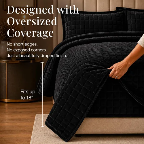 Vista 5 de Tribeca Living FLORENCEQUIKISI - Juego de acolchado Florencia, de terciopelo, sólido, tamaño grande), Negro, gemelo Ultra-Soft 260 GSM Plush