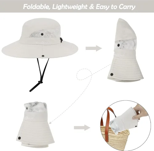 Vista 12 de Sombrero de pesca de playa de ala ancha para mujer, con protección UV, plegable, con agujero para cola de caballo