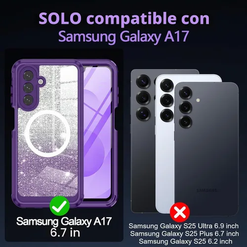 Vista 2 de Hekodonk Funda magnética para Galaxy A17 5G, [compatible con Magsafe] [Protector de pantalla de vidrio templado integrado] [tarjeta con purpurina]
