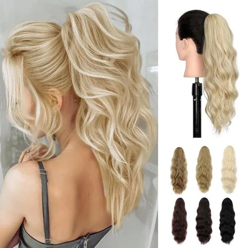 Vista 8 de Extensión de cola de caballo de 18 pulgadas, extensiones de cola de caballo sintéticas de aspecto natural, extensiones de cabello para mujer, rubio