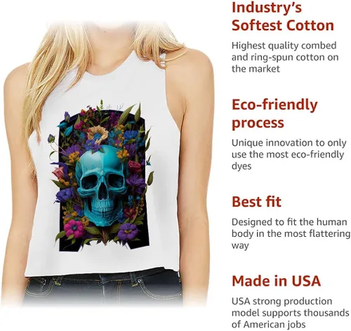 Vista 5 de Flower Print Racerback Cropped Tank - Skull Women's Tank - Cool Tank Top