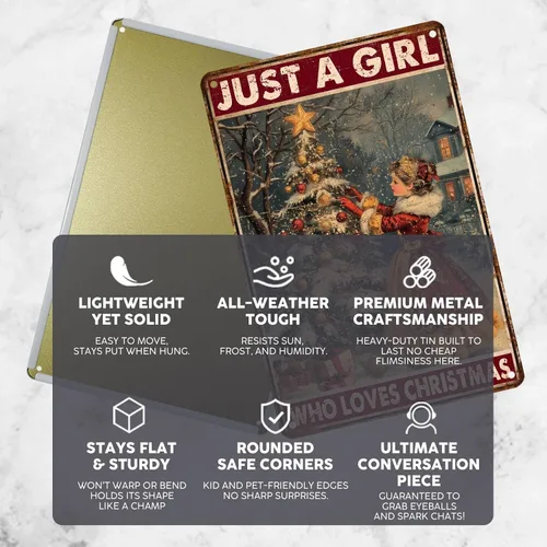 Vista 3 de Letrero de metal con texto en inglés "Just a Girl Who Loves Christmas", póster de hojalata para árbol de Navidad, decoración conmovedora de pared