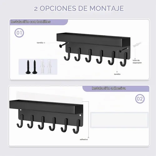Vista 2 de VIS'V Soporte para llaves de pared, soporte adhesivo compacto para llaves con bandeja, 6 ganchos, 2 opciones de montaje, negro
