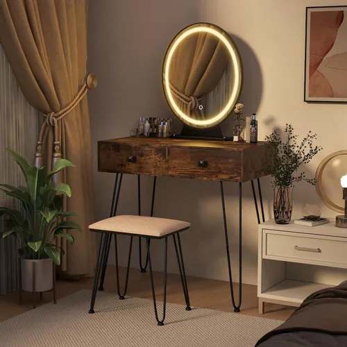 Vista 2 de COSTWAY Escritorio de tocador con espejo y luces, juego de tocador de maquillaje con 3 modos de iluminación de color y brillo ajustable, espejo