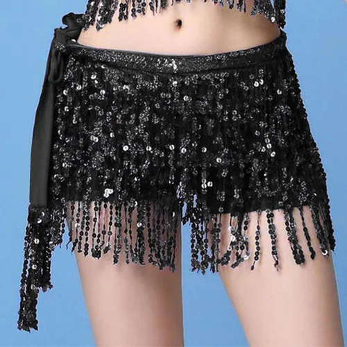 Vista 2 de Women Skirt Sparkly Fringe Belly Dance Hip Skirt Sequin Tassel Scarf Rave Skirt for Girls Cheerleading Uniform Skirt