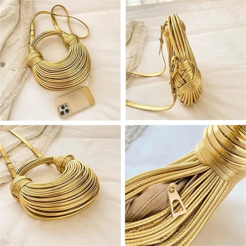 Vista 4 de Bolso cruzado tejido para mujer, bolso de mano pequeño de cuero, bolso de pan anudado, bolso de fideos con asa superior