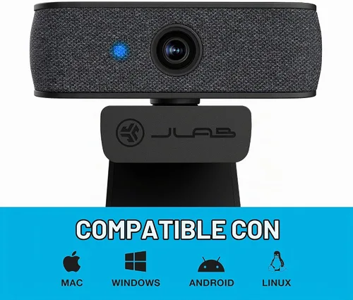 Vista 8 de JLab, JBuds Cam, cámara web USB, enfoque automático de 1080p, micrófono dual, negro con placa frontal blanca