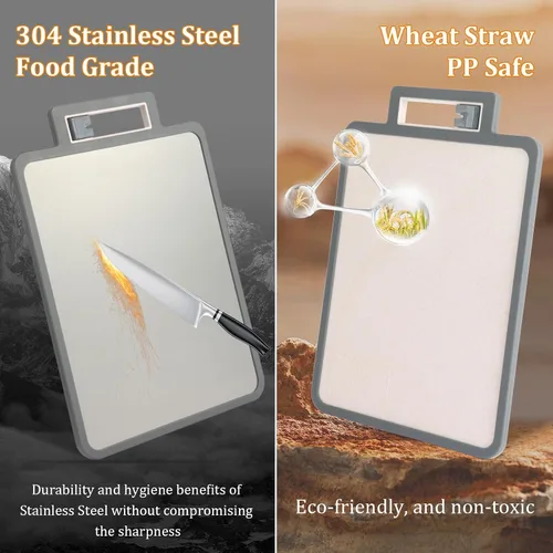 Vista 5 de Tabla de cortar de acero inoxidable 2 en 1, antibacterias, no tóxicas, utensilios de cocina de grado alimenticio, tablas de cortar de doble cara