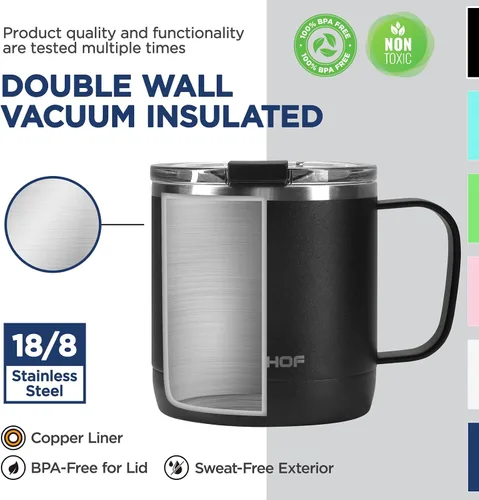 Vista 3 de HAUSHOF Taza de café de 14 onzas, taza de café aislada con asa, taza de viaje para camping, taza de café portátil de acero inoxidable, tazas de café