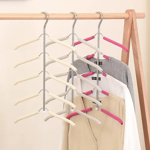 Vista 6 de Perchas de ropa multicapa para blusas, árboles, paquete de 3 perchas 5 en 1 antideslizantes para ahorrar espacio de acero inoxidable para colgar