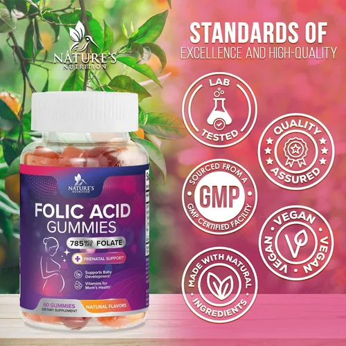 Vista 4 de Gomitas de ácido fólico para mujeres, folato de 785 mcg por porción, vitaminas prenatales esenciales para mamá y bebé, suplemento fólico vegano