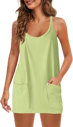 Vista 4 de Conjunto de 2 piezas para mujer, casual, verano, sin mangas, mini vestidos con pantalones cortos incorporados, mamelucos sexys
