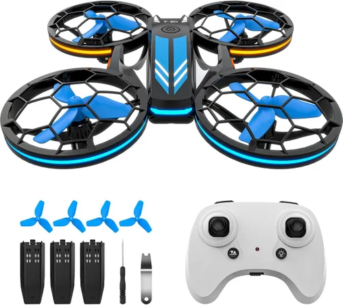 Vista 8 de Drones - Drone RC con auto flotante y modo sin cabeza, cuadricóptero con luz LED, hélice de protección completa, giros 3D, 3 baterías, control