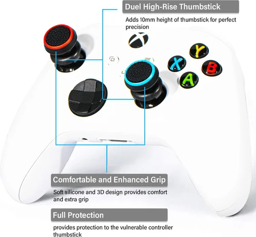 Vista 2 de FPS Thumbstick Extender & 3D Texture Rubber Silicone Grip Cover 2 Sets for Xbox Series XS & Xbox One Controller(Black Red+Blue)