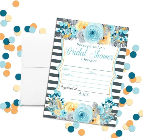Vista 2 de Amanda Creation Juego de 20 invitaciones de acuarela floral azul, gris y dorado para despedida de soltera, incluye sobres