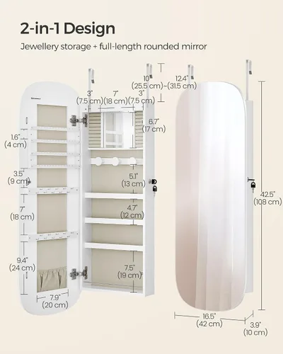 Vista 6 de SONGMICS - Organizador de joyas, gabinete LED de paredpuerta, espejo ancho redondo ccerradura, espejo int., espacio de almacen., 3.9x16.5x42.5 pulg