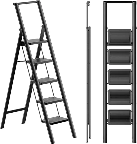 Vista 14 de SOLADDER Escalera plegable de 3 escalones, taburete pequeño para adultos, escalera de hierro antideslizante portátil con pedales anchos para uso