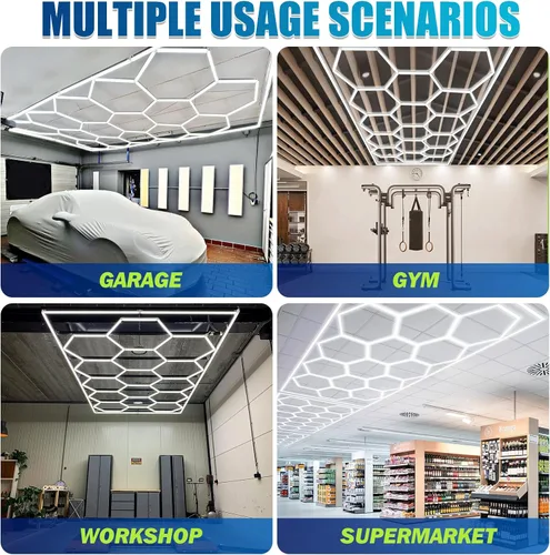 Vista 7 de Luces LED hexagonales de garaje, 6500 K regulables, brillo ajustable, luces hexagonales de gimnasio para coche/lavado de autos