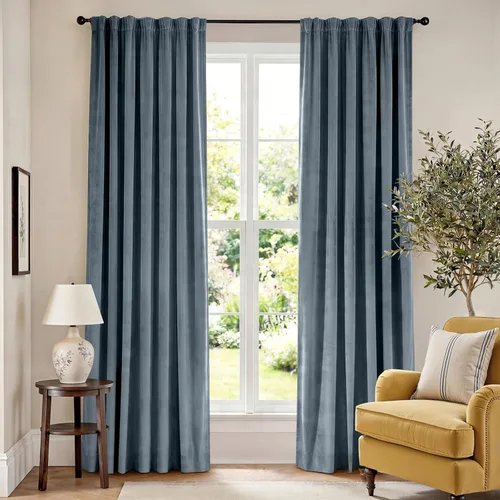 Vista 97 de Lazzzy Cortinas opacas de terciopelo beige de 84 pulgadas de largo con aislamiento térmico para oscurecer la habitación, cortinas forradas de lujo