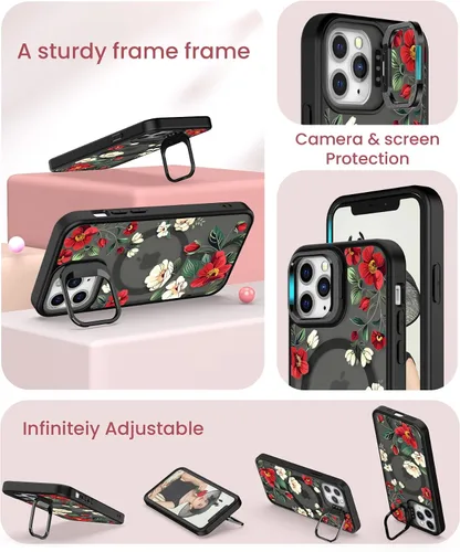 Vista 4 de Dretal Magnético para iPhone 11 Pro, Funda Floral, Protector de Pantalla, Anillo de Lente Integrado, Soporte, Protección de Grado Militar, Funda