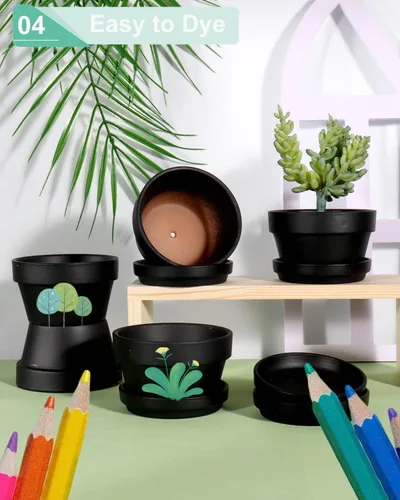 Vista 4 de vensovo - Macetas de terracota negras poco profundas de 3.7 pulgadas para suculentas - Juego de 6 macetas de terracota de arcilla con platillo Negro