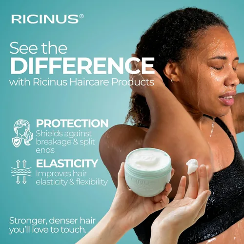 Vista 5 de Mascarilla capilar con aceite de ricino para cabello dañado, 10 onzas líquidas, antirotura, acondicionador profundo, enriquecida con extracto