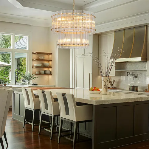 Vista 3 de TOCHIC Candelabro de cristal dorado de 6 luces, lámpara moderna de granja de 2 niveles para comedor, lámpara colgante para sala de estar