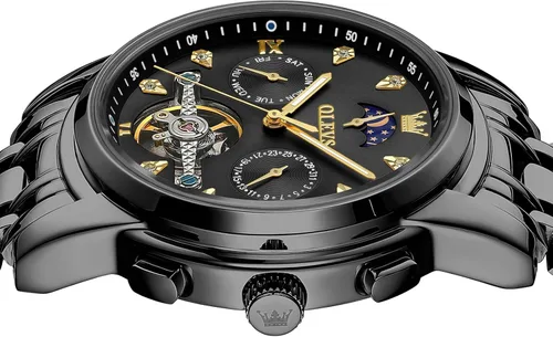 Vista 3 de OLEVS Relojes automáticos para hombre, impermeable, vestido de lujo, cuerda automática, esqueleto mecánico, tourbillon, fase lunar, acero
