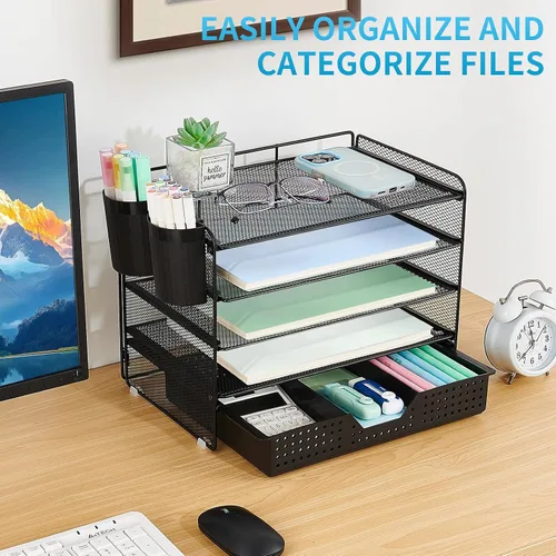 Vista 5 de LEKETREE Organizador de escritorio y accesorios, organizador de bandejas de papel de 5 niveles con cajón y 2 soportes para bolígrafos