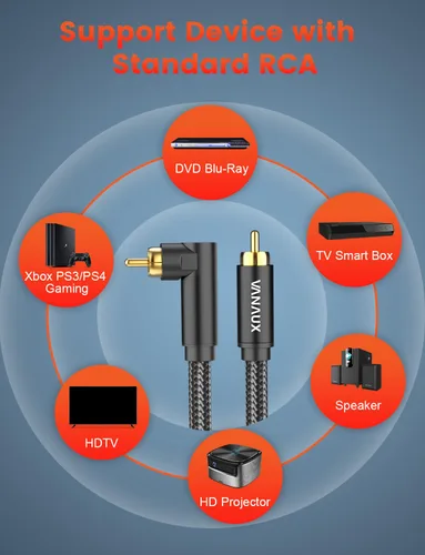 Vista 4 de VANAUX Cable de graves de 90 grados, cable de audio RCA a RCA premium, (conectores chapados en oro) ideal para espacios reducidos, cine en casa RCA