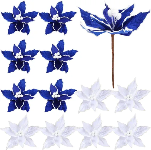 Vista 9 de Zeyune 6 Piezas Flores de Pascua Azules de Navidad Artificiales Grandes Espinas de Pascua Falsas Flores de Franela con Borde Helado para Adornos