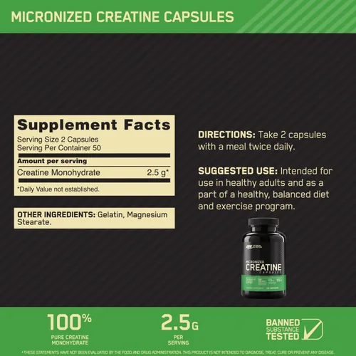 Vista 2 de Optimum Nutrition Monohidrato de creatina sin sabor 100 cápsulas incluidas con Optimum Nutirtion HMB 90 Cápsulas