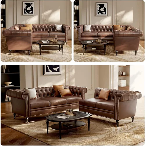 Vista 4 de Sofá modular Chesterfield de 85 pulgadas, sofá convertible de piel sintética en forma de L con cabeza de clavo copetuda y brazos enrollados, sofás