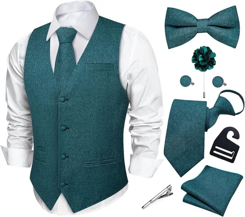 Vista 18 de DiBanGu Conjunto de corbata con cremallera y chaleco de lino para hombre Negro