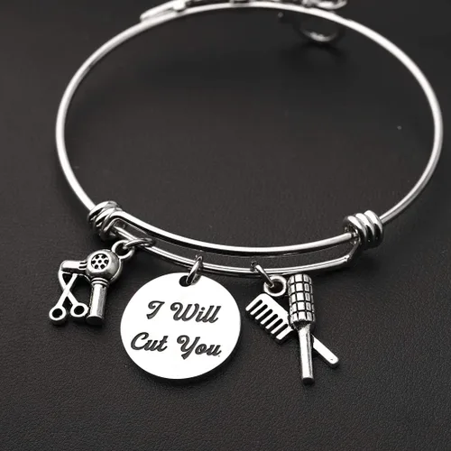 Vista 4 de HOLLP Pulsera extensible para peluquería para estilista de peluquería, regalo con texto en inglés "I Will Cut You", joyería de peluquería con peine