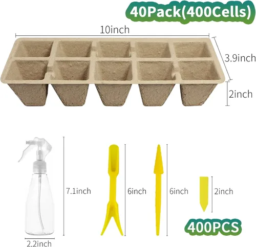 Vista 2 de Bandejas de inicio de plántulas de 400 celdas con orificios de drenaje, 40 macetas de turba biodegradables, kit de inicio de plántulas, bandejas