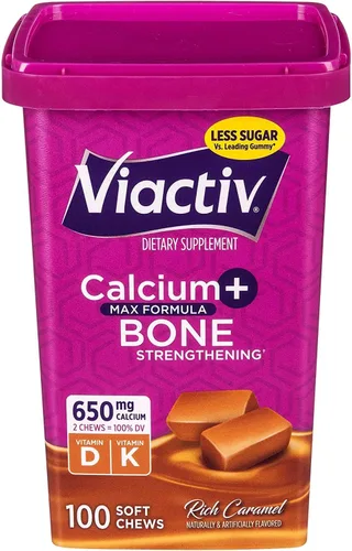 Vista 5 de Viactiv Max Formula Suplemento de calcio + vitamina D3 para la salud ósea, caramelo rico, 100 masticables suaves, paquete de 2