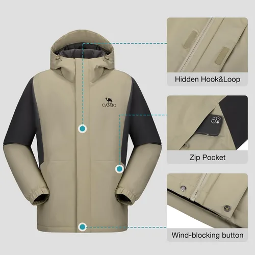Vista 5 de CAMEL Chaqueta de esquí para hombre, abrigo de invierno, impermeable, chaqueta de snowboard cálida con capucha, parka resistente al viento, ropa