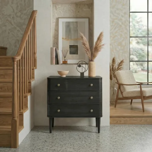Vista 8 de HULALA HOME Mesa auxiliar moderna con estación de carga, mesa auxiliar de madera de 3 cajones con patas de madera maciza y patas ajustables, mesa