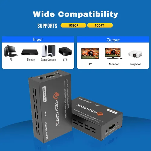 Vista 3 de J-Tech Digital Extensor HDMI 1080P 60Hz sobre CAT 5e/6/7 PoC (Alimentación por Cable) hasta 165 pies, Copia EDID de Color Profundo Sin Pérdida